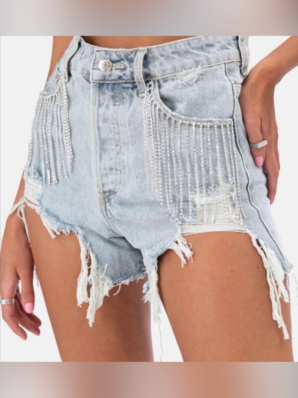 Adika Rhinestone Fringe Denim Distressed Jean Shorts 💎